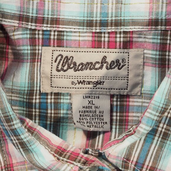 Wrangler Wrancher Western Shirt Womens Extra Large Pink Blue Plaid Pearl Snap - Picture 3 of 8